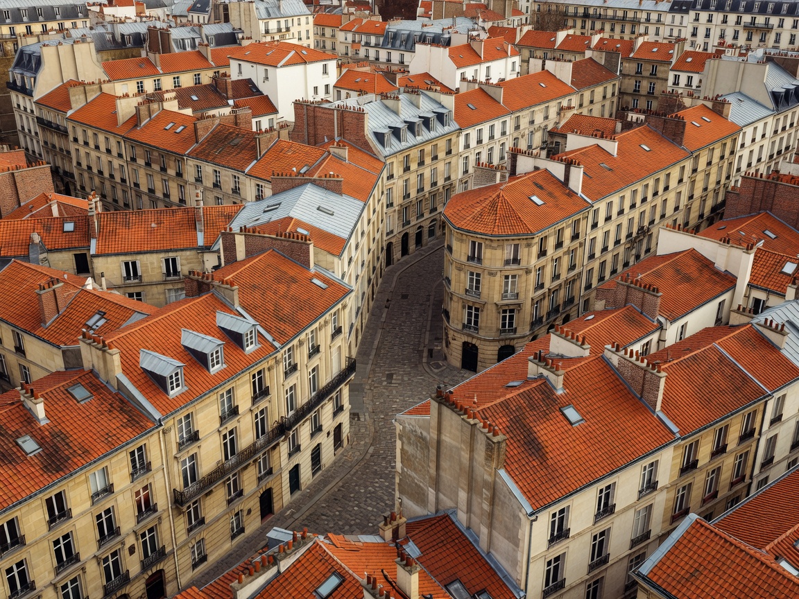 Aerial view of Paris historic residential quarter streets and terracotta rooftops