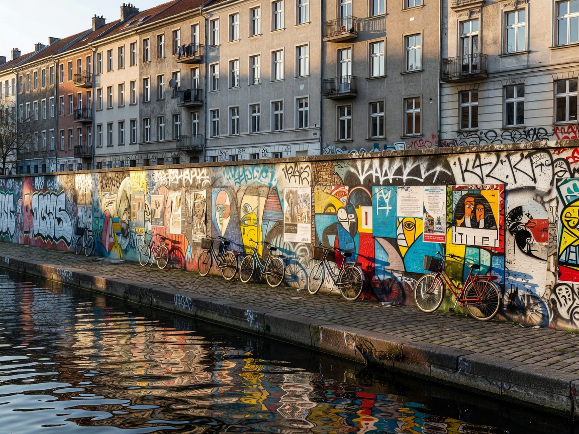 Canal-side urban view of Kreuzberg Berlin with street art and bicycles