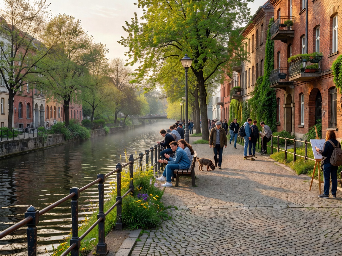 Kreuzberg canal promenade in Berlin with urban greenery and outdoor street life
