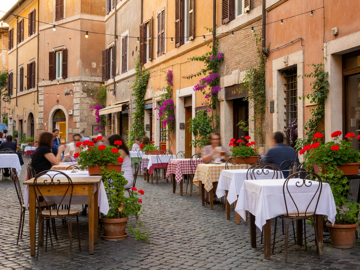 Picturesque street scene in Trastevere Rome with stone pavements and outdoor dining