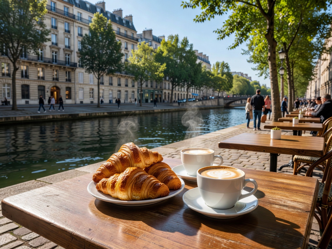 Pastries and espresso served at a Parisian terrace bistro on Canal Saint-Martin